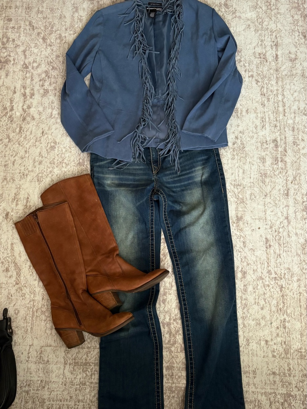 Norton mcnaughton Dusty Blue Suede like Fringe Open Jacket